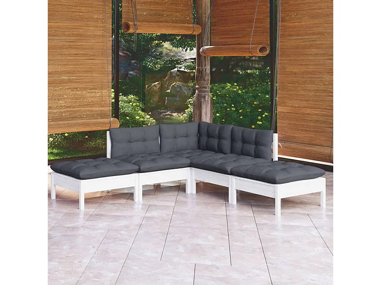 Salon de jardin 5 pcs avec coussins blanc bois de pin