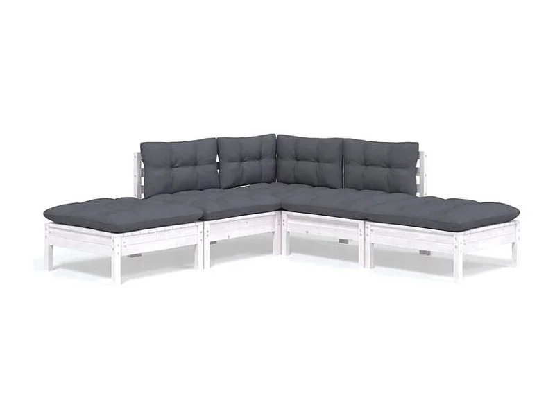 Salon de jardin 5 pcs avec coussins blanc bois de pin