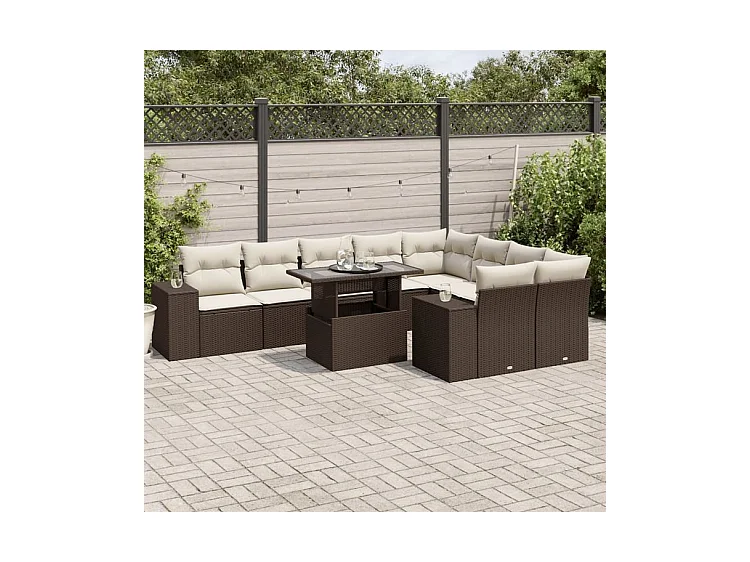 Salon de jardin 10 pcs avec coussins marron résine tressée