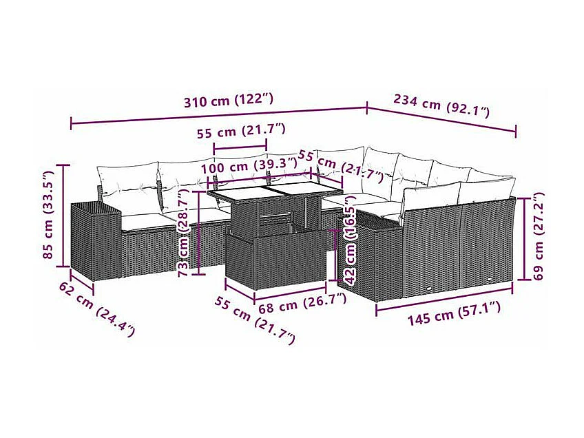 Salon de jardin 10 pcs avec coussins marron résine tressée
