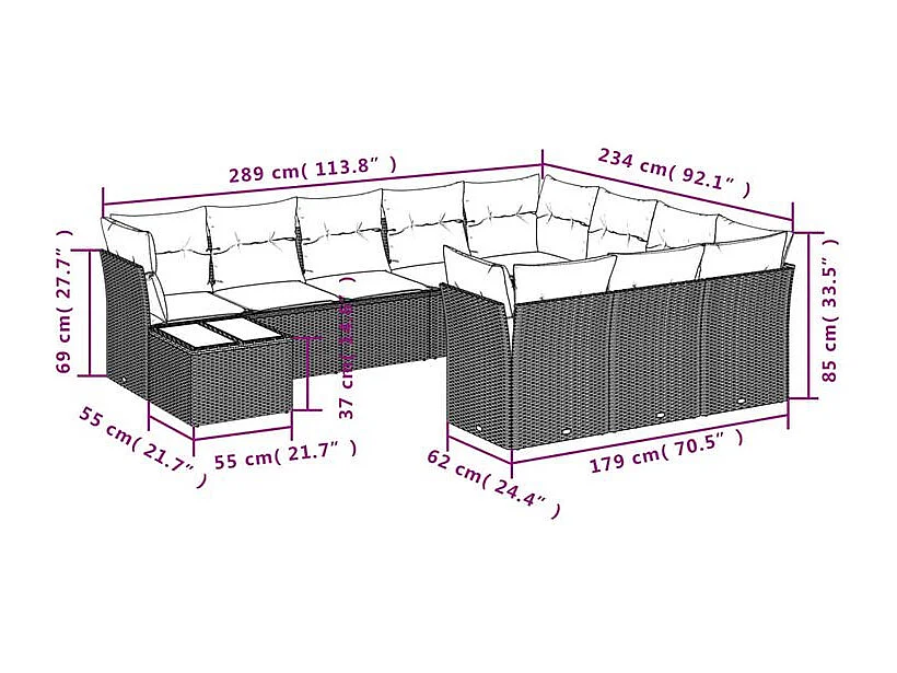 Salon de jardin et coussins 11 pcs marron résine tressée