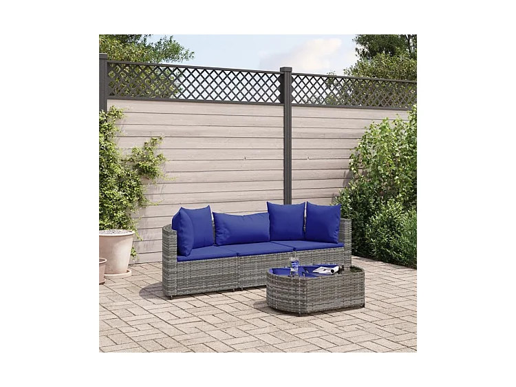 Salon de jardin 4 pcs avec coussins gris résine tressée