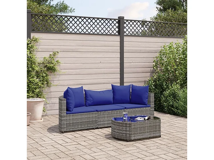 Salon de jardin 4 pcs avec coussins gris résine tressée