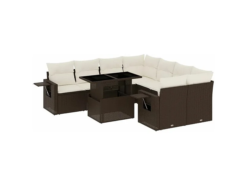 Salon de jardin avec coussins 9 pcs marron résine tressée