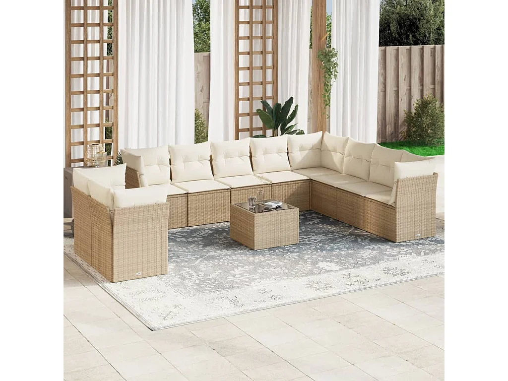 Salon de jardin 11 pcs avec coussins beige résine tressée