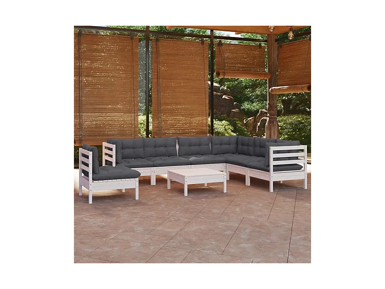 Salon de jardin 8 pcs avec coussins blanc bois de pin solide