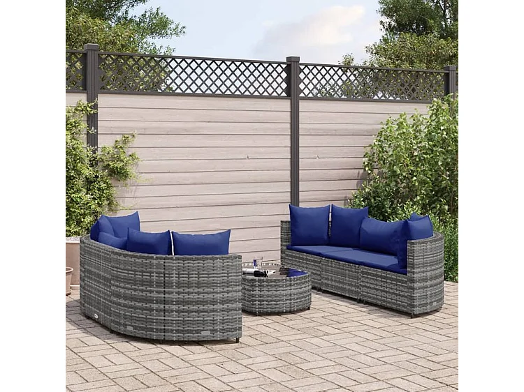 Salon de jardin avec coussins 7 pcs gris résine tressée