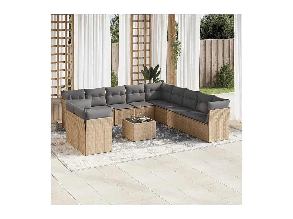 Salon de jardin avec coussins 12 pcs beige résine tressée