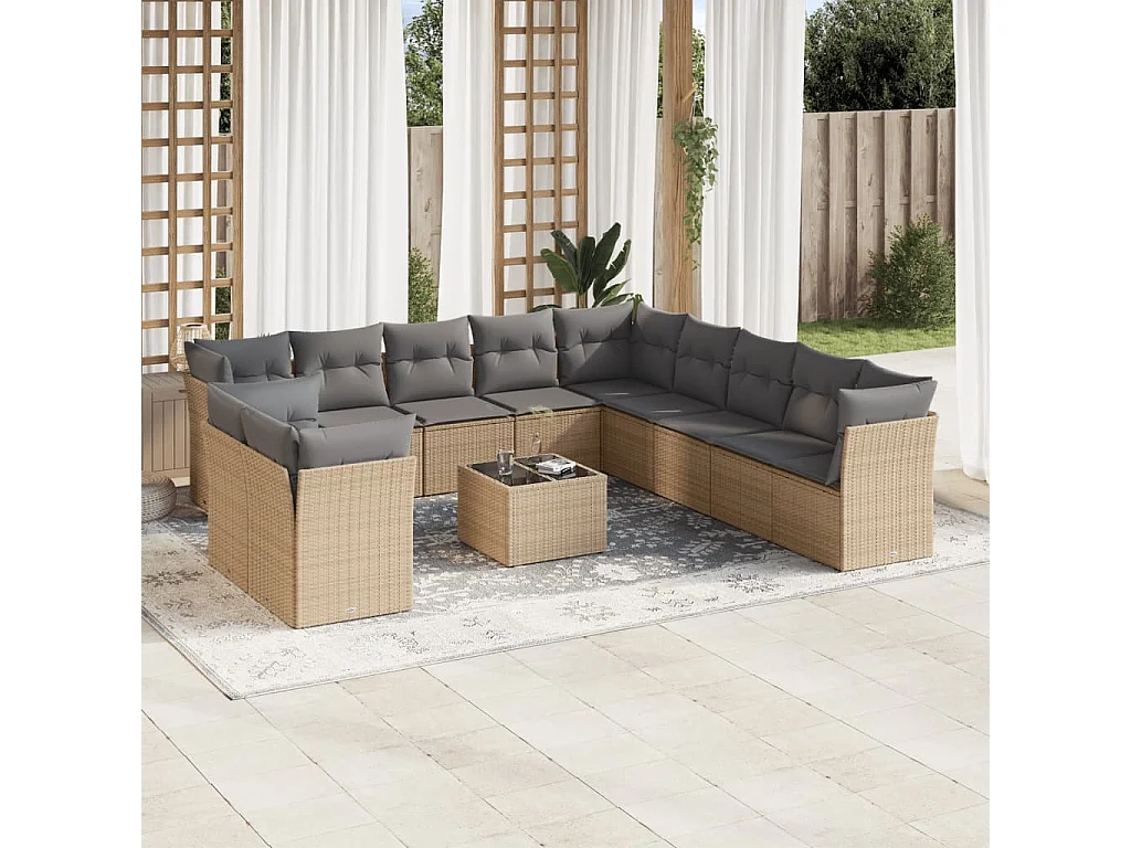Salon de jardin avec coussins 12 pcs beige résine tressée