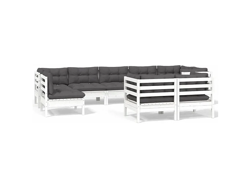 Salon de jardin 9 pcs avec coussins blanc bois de pin massif