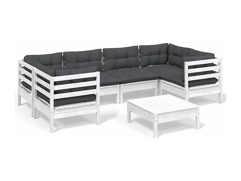 Salon de jardin 7 pcs avec coussins blanc bois de pin