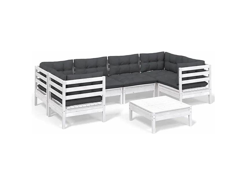 Salon de jardin 7 pcs avec coussins blanc bois de pin
