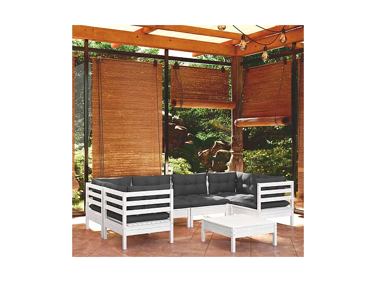 Salon de jardin 7 pcs avec coussins blanc bois de pin