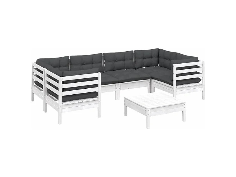 Salon de jardin 7 pcs avec coussins blanc bois de pin
