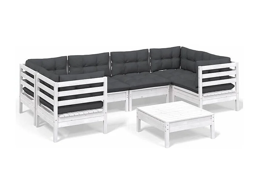 Salon de jardin 7 pcs avec coussins blanc bois de pin