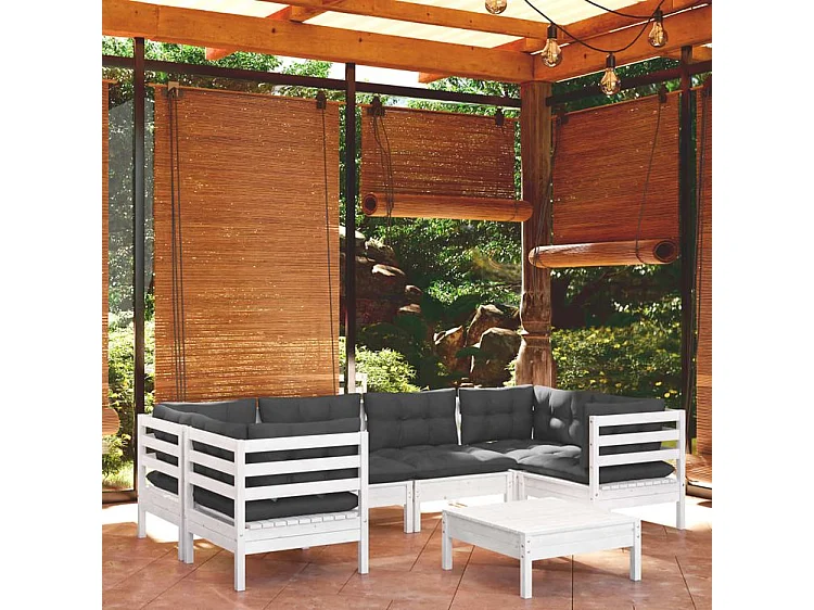 Salon de jardin 7 pcs avec coussins blanc bois de pin