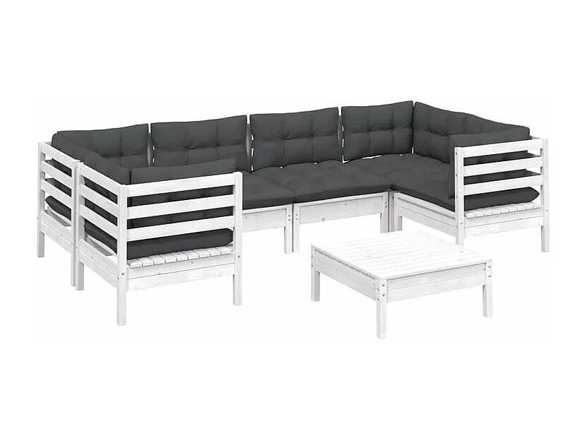 Salon de jardin 7 pcs avec coussins blanc bois de pin