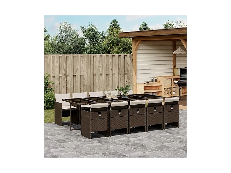 Ensemble à manger de jardin et coussins 11 pcs marron rotin