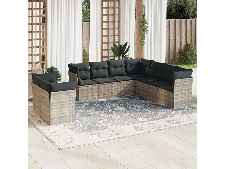 Salon de jardin 9 pcs avec coussins gris clair résine tressée