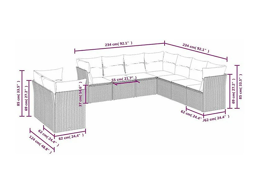 Salon de jardin 9 pcs avec coussins gris clair résine tressée