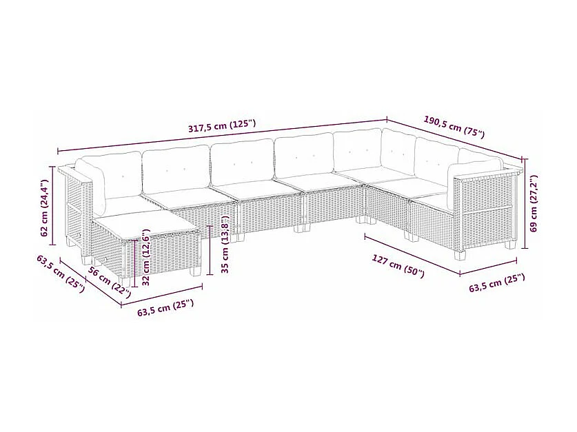 Salon de jardin 8 pcs avec coussins noir résine tressée