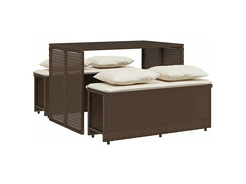 Ensemble à manger de jardin 3 pcs et coussins marron poly rotin