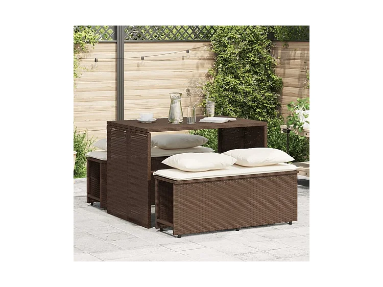 Ensemble à manger de jardin 3 pcs et coussins marron poly rotin