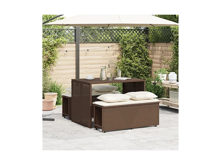 Ensemble à manger de jardin 3 pcs et coussins marron poly rotin
