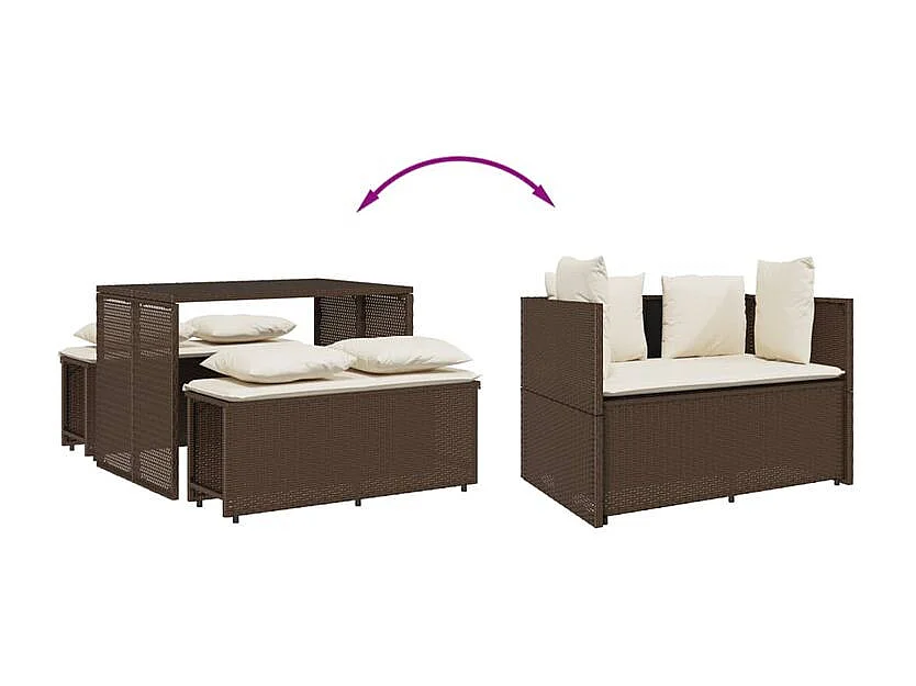 Ensemble à manger de jardin 3 pcs et coussins marron poly rotin