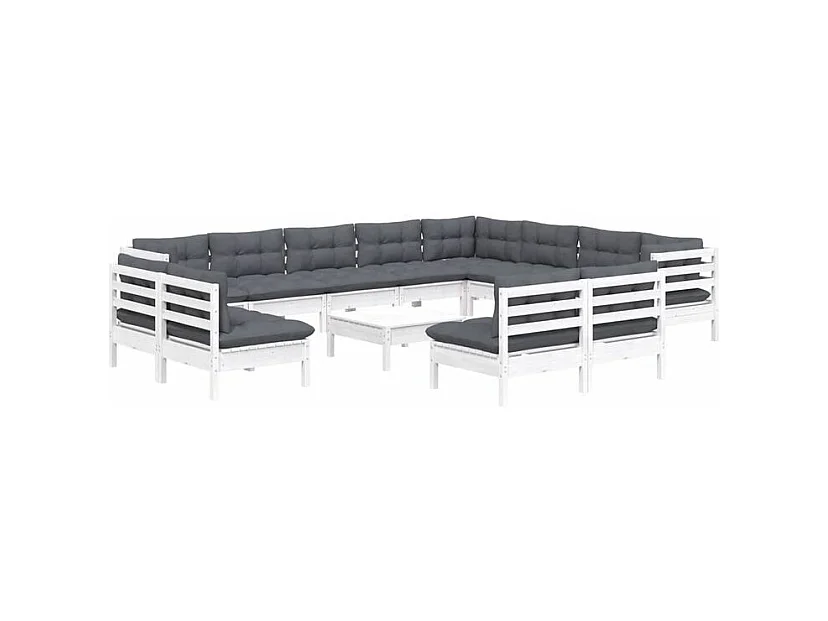 Salon de jardin 13 pcs avec coussins blanc bois de pin solide