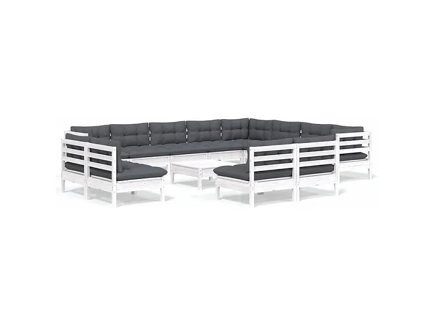 Salon de jardin 13 pcs avec coussins blanc bois de pin solide