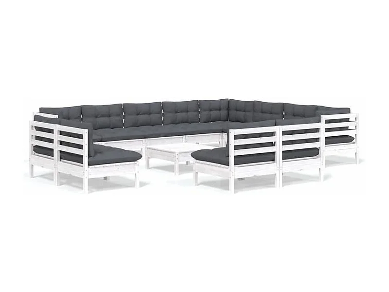 Salon de jardin 13 pcs avec coussins blanc bois de pin solide