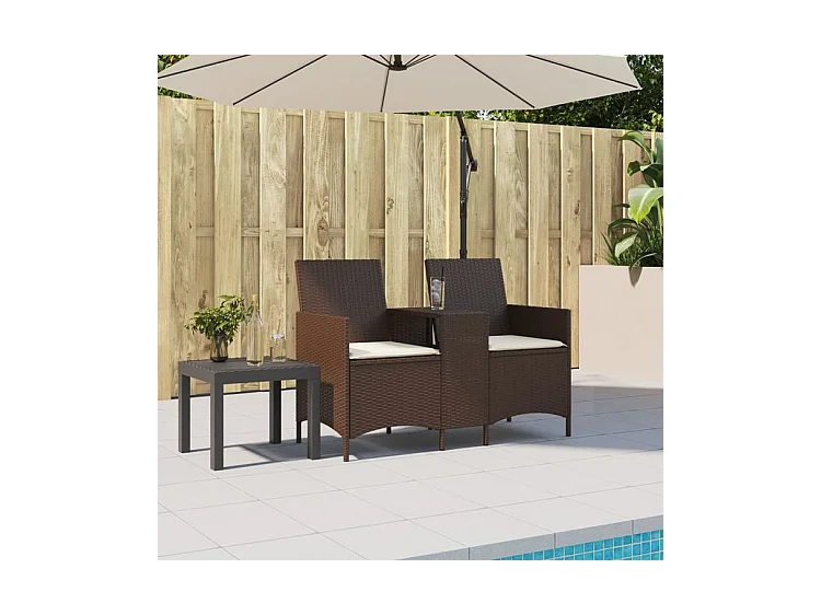 Canapé de jardin 2 places avec table et coussins résine tressée