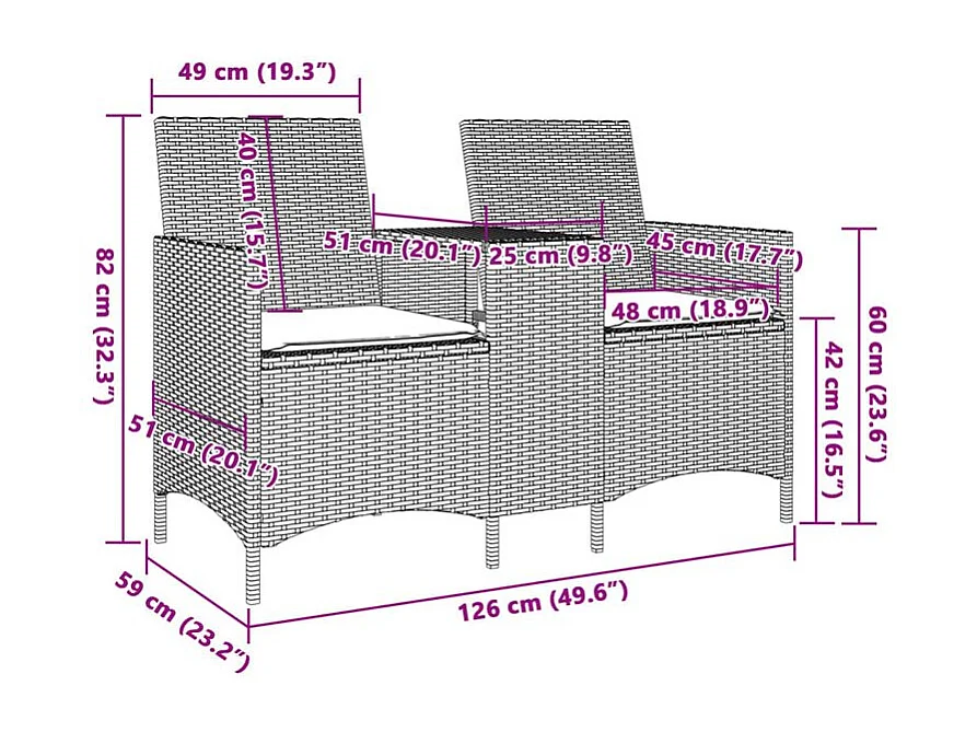 Canapé de jardin 2 places avec table et coussins résine tressée