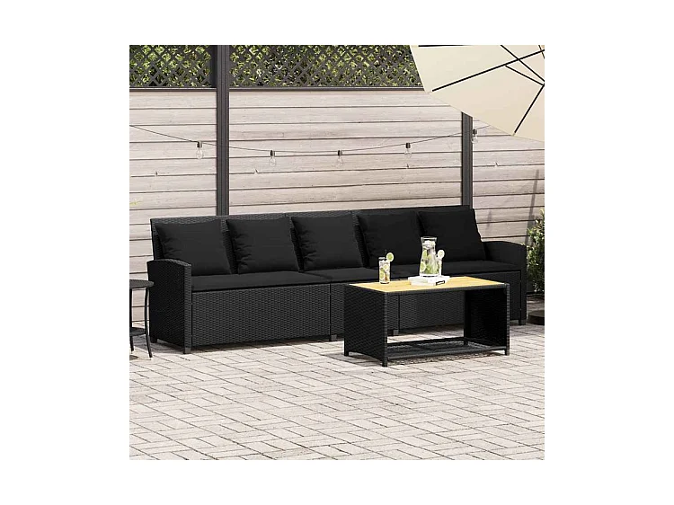 Canapé de jardin avec coussins 5 places noir résine tressée