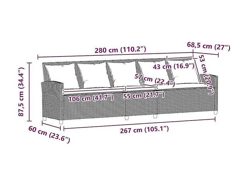 Canapé de jardin avec coussins 5 places noir résine tressée