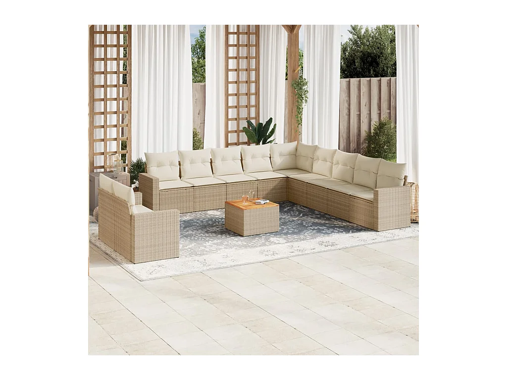 Salon de jardin avec coussins 12 pcs beige résine tressée