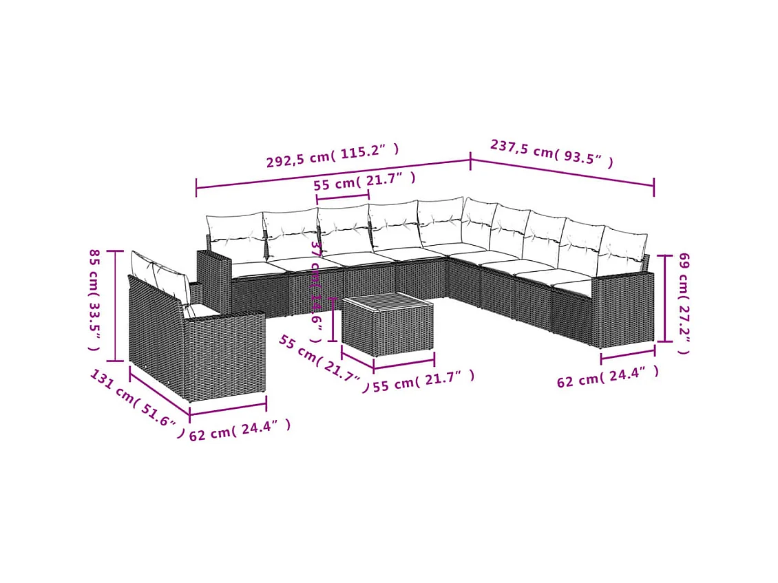 Salon de jardin avec coussins 12 pcs beige résine tressée
