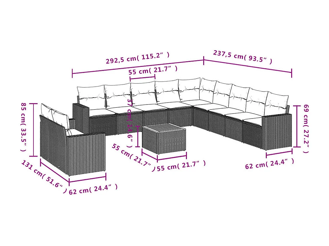 Salon de jardin avec coussins 12 pcs beige résine tressée