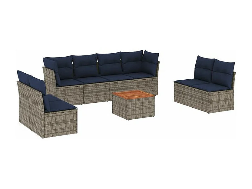 Salon de jardin 9 pcs avec coussins gris résine tressée