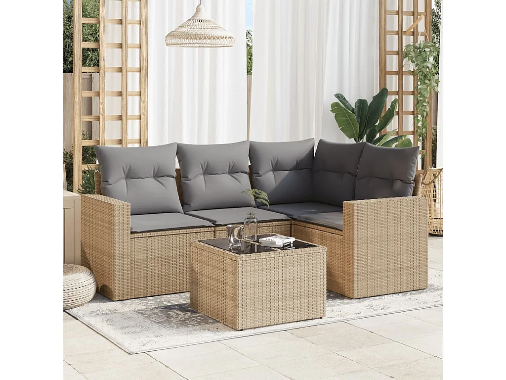 Salon de jardin avec coussins 5 pcs beige résine tressée