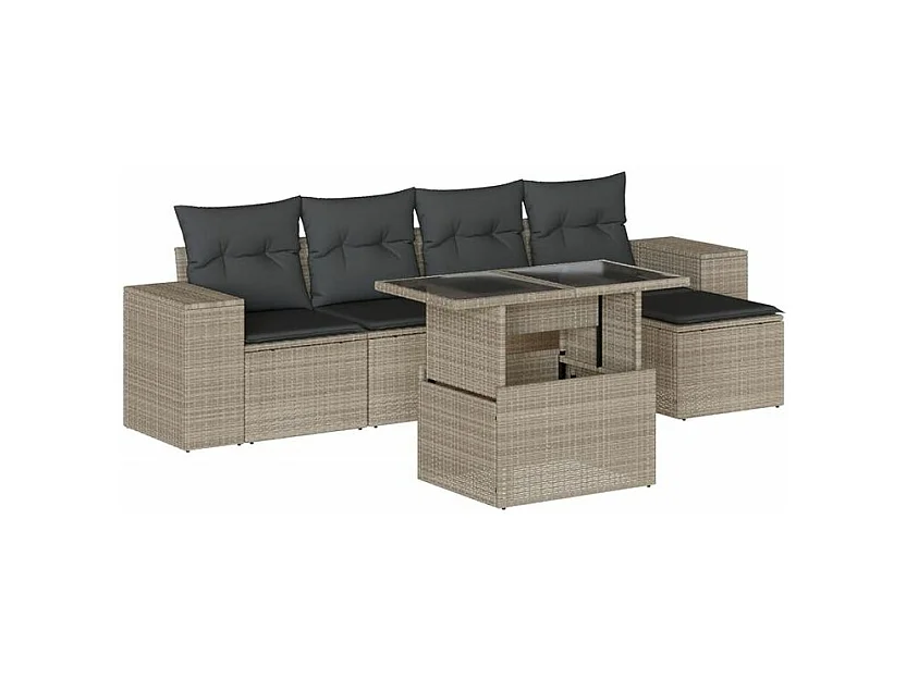 Salon de jardin 6 pcs avec coussins gris clair résine tressée