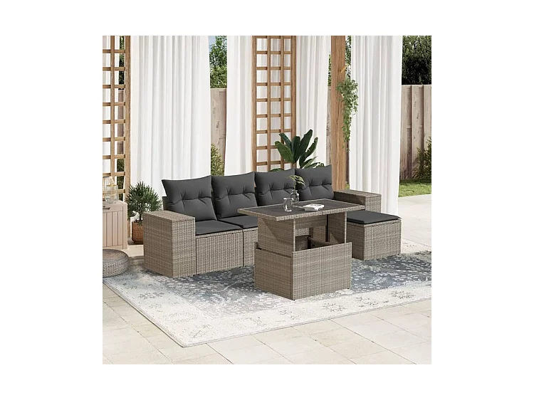 Salon de jardin 6 pcs avec coussins gris clair résine tressée