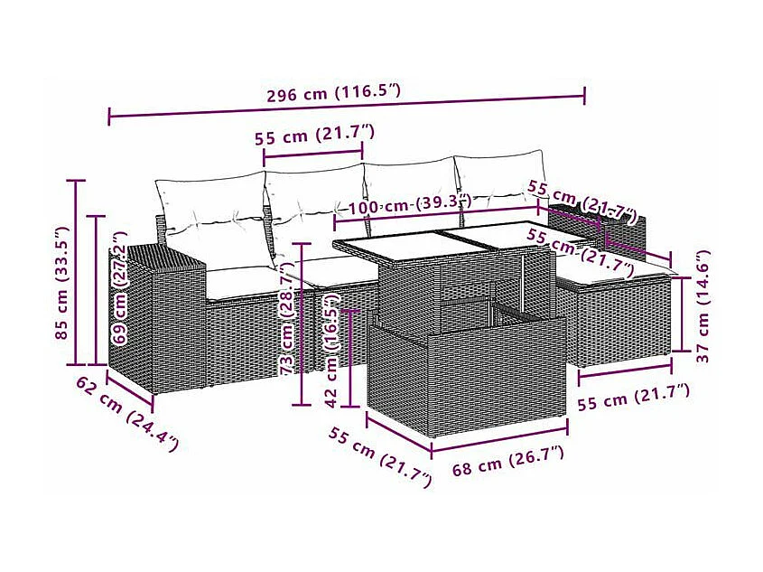 Salon de jardin 6 pcs avec coussins gris clair résine tressée