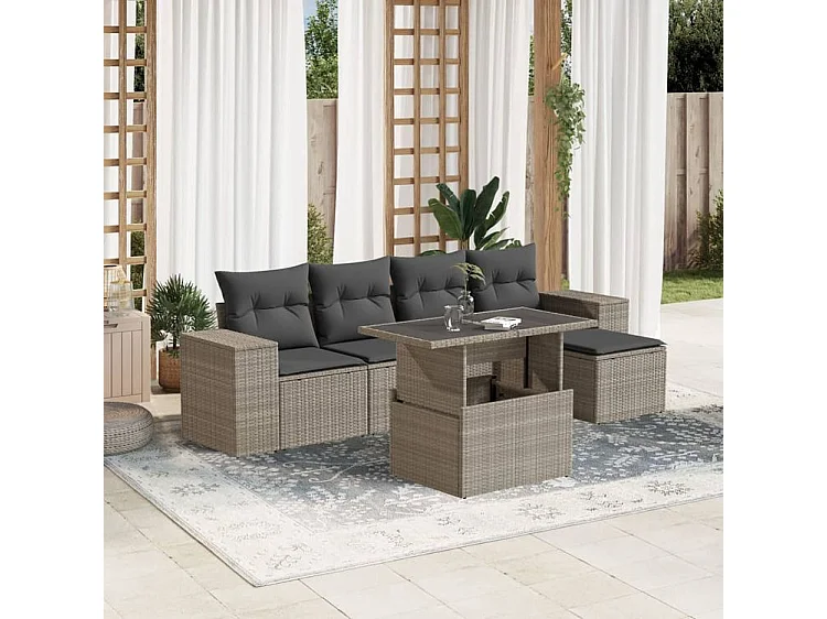 Salon de jardin 6 pcs avec coussins gris clair résine tressée