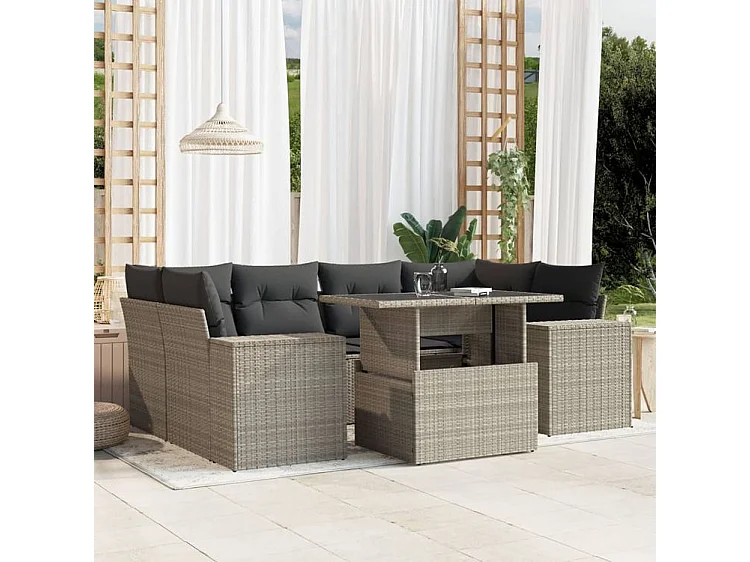 Salon de jardin avec coussins 7 pcs gris clair résine tressée