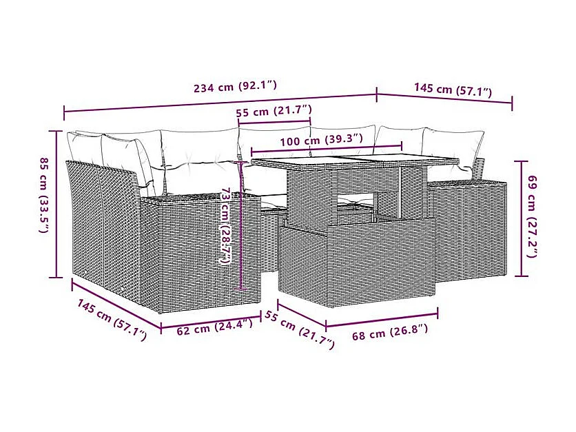 Salon de jardin avec coussins 7 pcs gris clair résine tressée