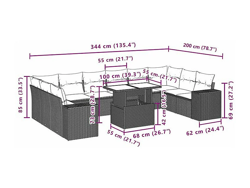Salon de jardin 11 pcs avec coussins gris résine tressée
