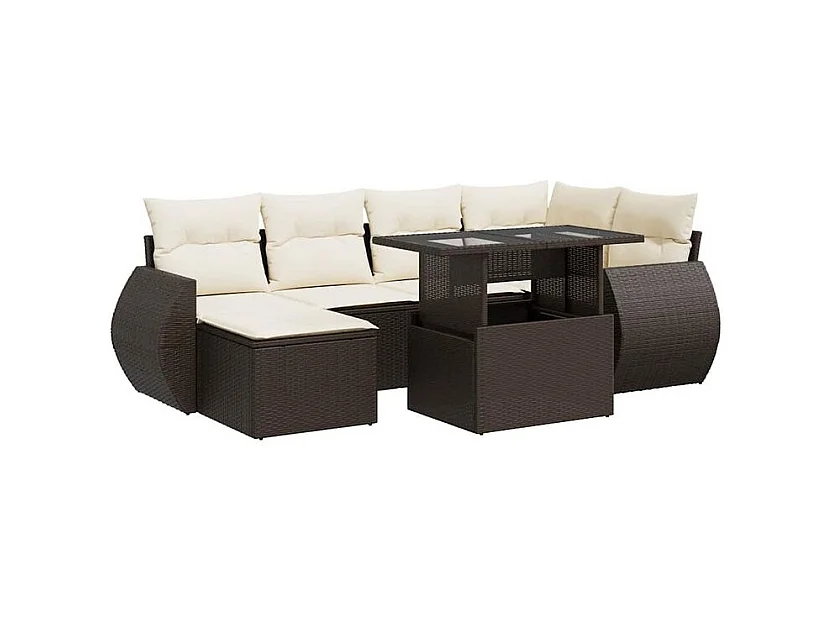 Salon de jardin avec coussins 7 pcs marron résine tressée