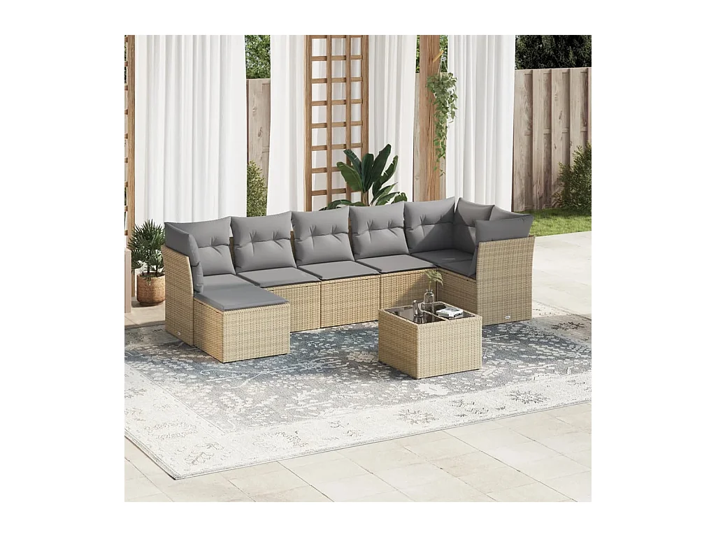 Salon de jardin avec coussins 8 pcs beige résine tressée